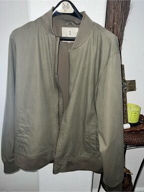 Men's Olive Bomber Jacket with Ribbed Trim